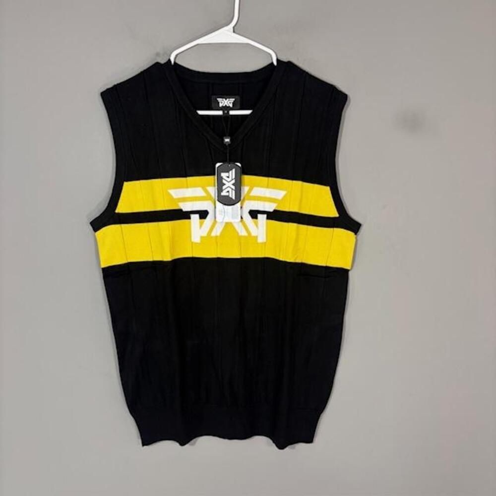 PXG Vest Mens Medium Black Yellow Knitted V Neck Striped Golf Logo MS22ASV3